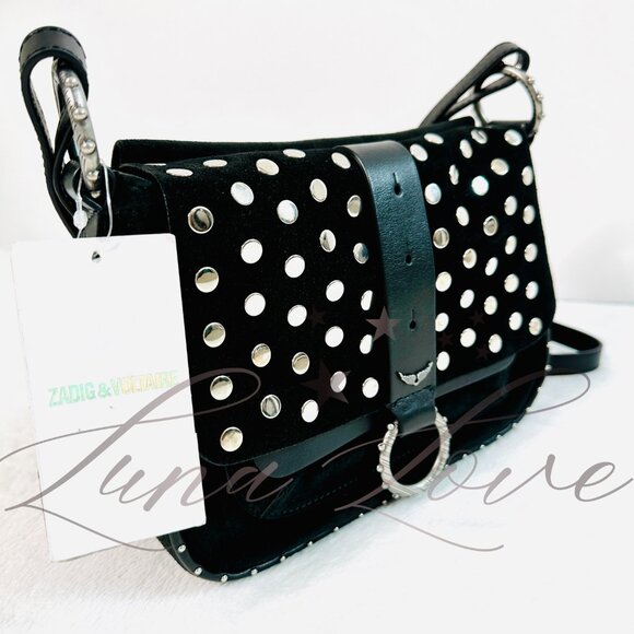 ZADIG & VOLTAIRE Kate Moss Studded Suede Crossbody/Shoulder Bag In Black NWT - Picture 4 of 13